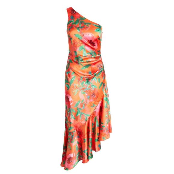Eliza J Orange Floral Satin One Shoulder Ruffle Cocktail Dress Size 8 - Picture 1 of 9